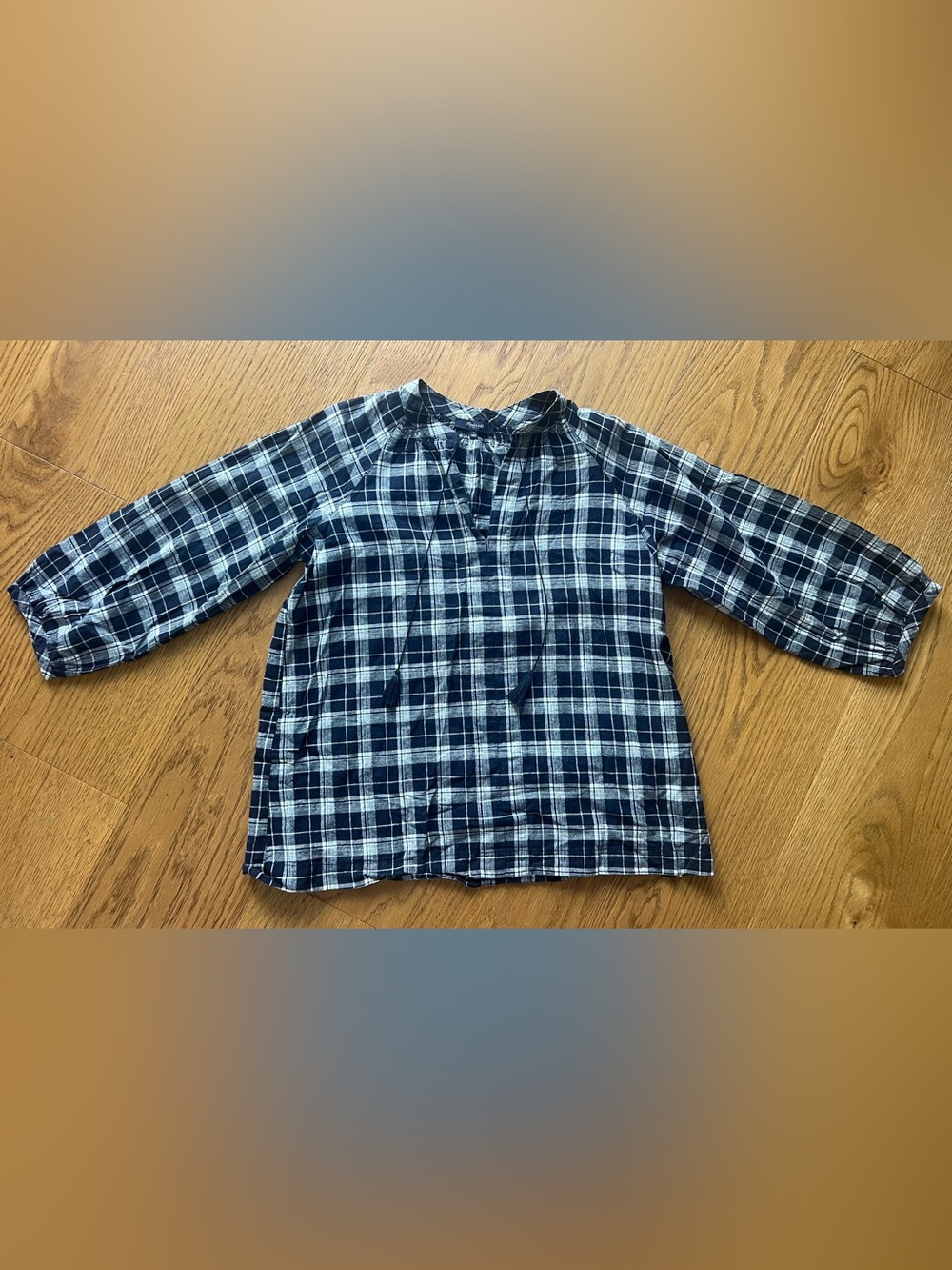 Madewell Blue and White Checkered Peasant Top